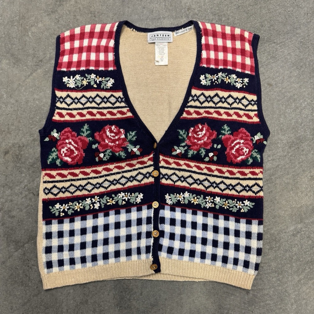 Vintage Floral Vest Jantzen Women's Hand Embroidered Cotton Sweater Button M